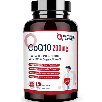 Nature Target CoQ10-200mg+PQQ Softgels, Olive Oil, High Absorption, Antioxidant for Heart Health , Immune & Energy - 120 Servings