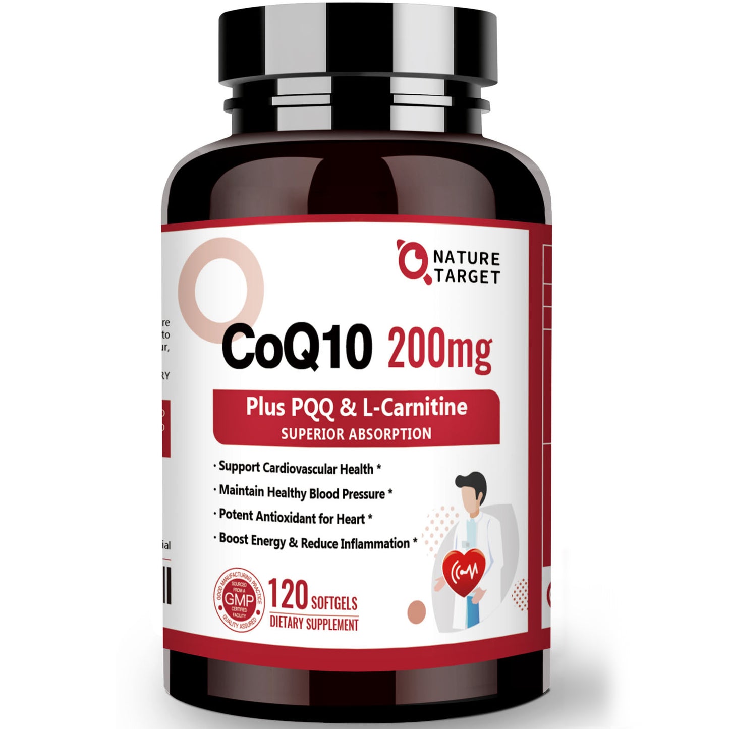 Nature Target CoQ10-200mg softgels +PQQ+L-Carnitine+Omega-3s, High Absorption with BioPerine, Supports Heart, Immune & Energy - 120 Servings