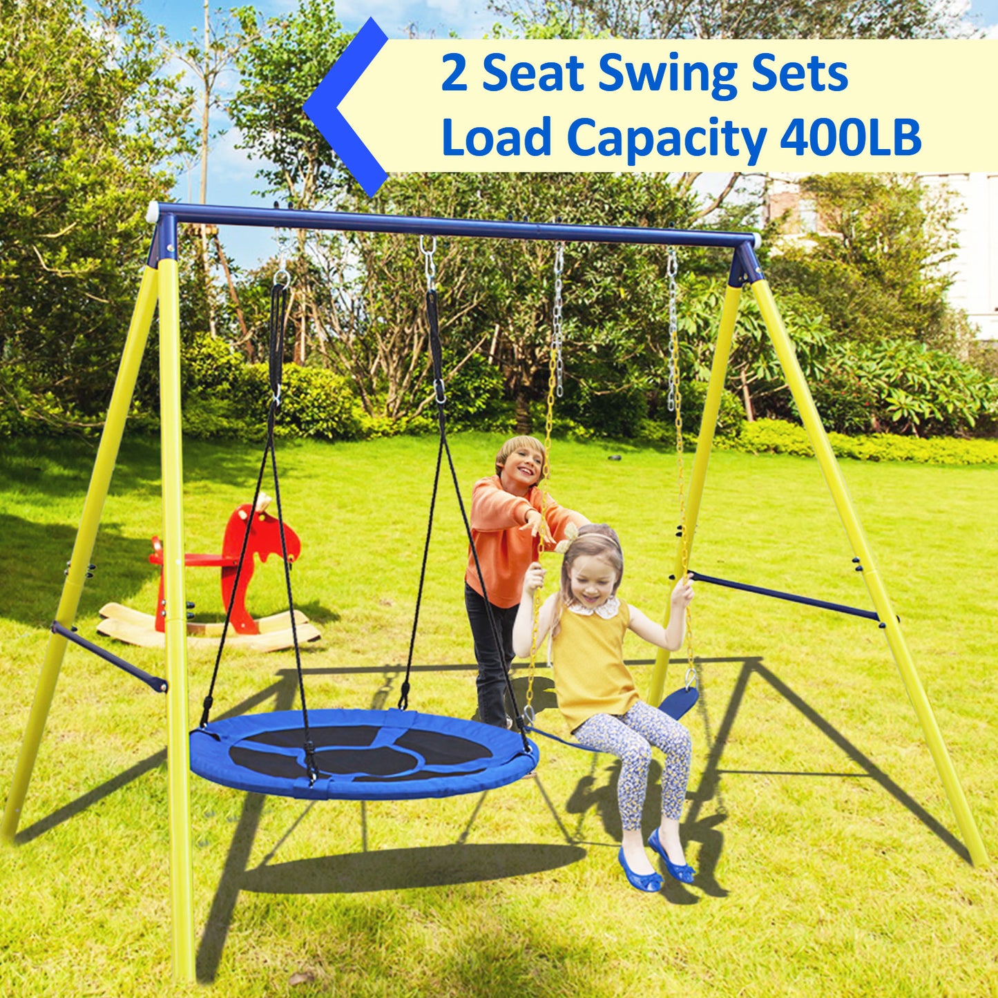 Outdoor Kids Swing Set with Saucer and Belt Swings - Heavy-Duty Metal A-Frame Playset for Backyard Fun, 440 lbs Capacity