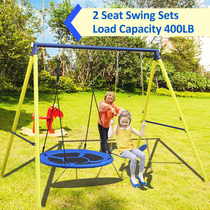 Outdoor Kids Swing Set with Saucer and Belt Swings - Heavy-Duty Metal A-Frame Playset for Backyard Fun, 440 lbs Capacity