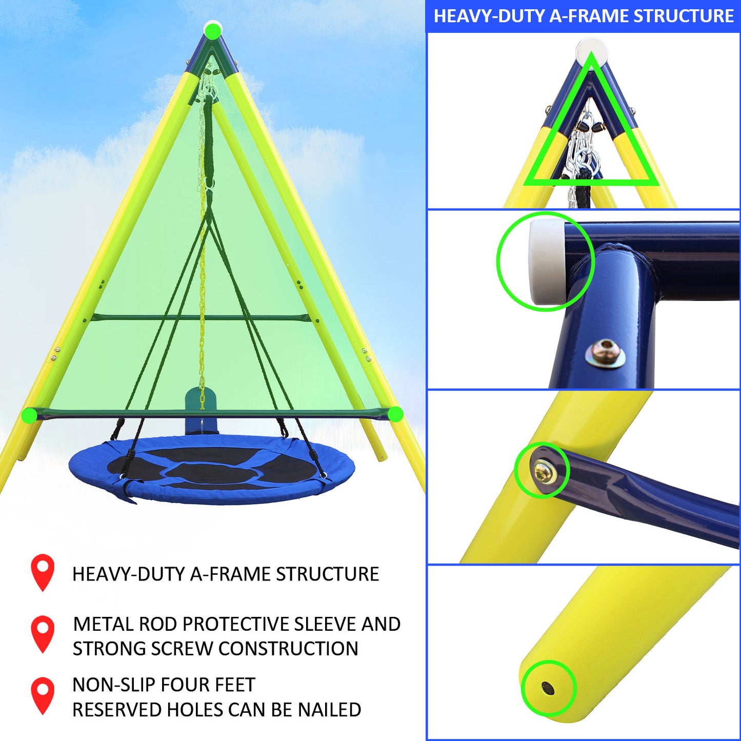 Outdoor Kids Swing Set with Saucer and Belt Swings - Heavy-Duty Metal A-Frame Playset for Backyard Fun, 440 lbs Capacity