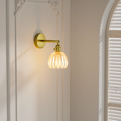 Gold Brass Wall Sconce with Rotating Steel Arm, Remote Control Wall Light, Tulip High-Transmittance Glass Shade for Bedroom