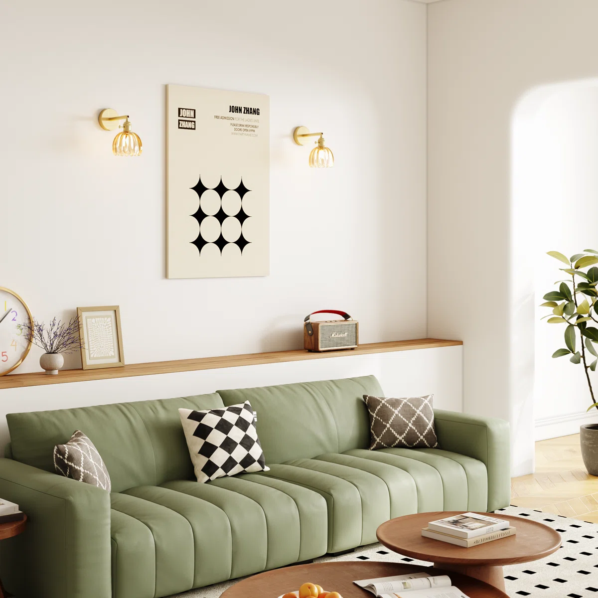 Gold Brass Wall Sconce with Rotating Steel Arm, Remote Control Wall Light, Tulip High-Transmittance Glass Shade for Bedroom