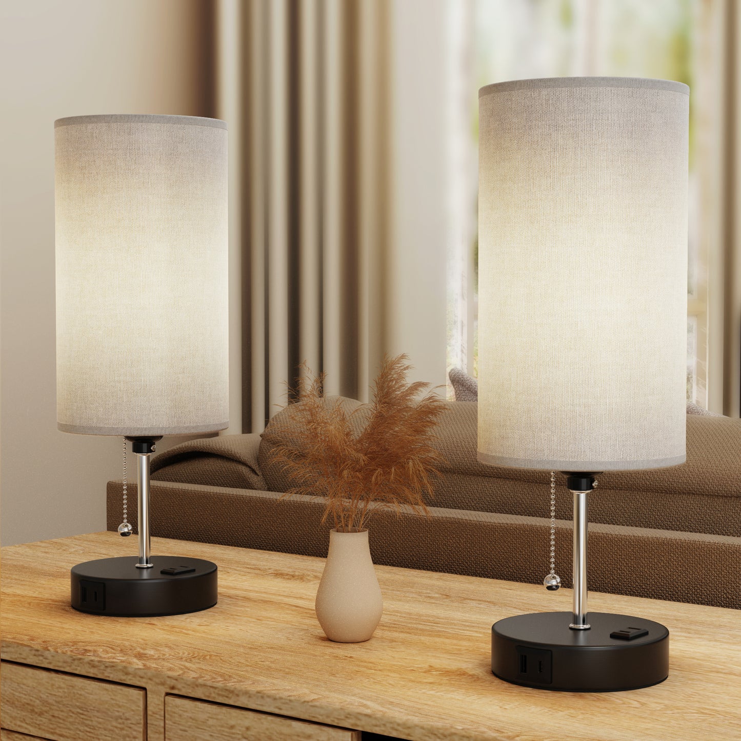Modern Bedside Table Lamps Set with USB, Black Base Decorative Desk Lamp, Pull Chain Switch,  Beige Linen Drum Shades for Bedroom Living Room