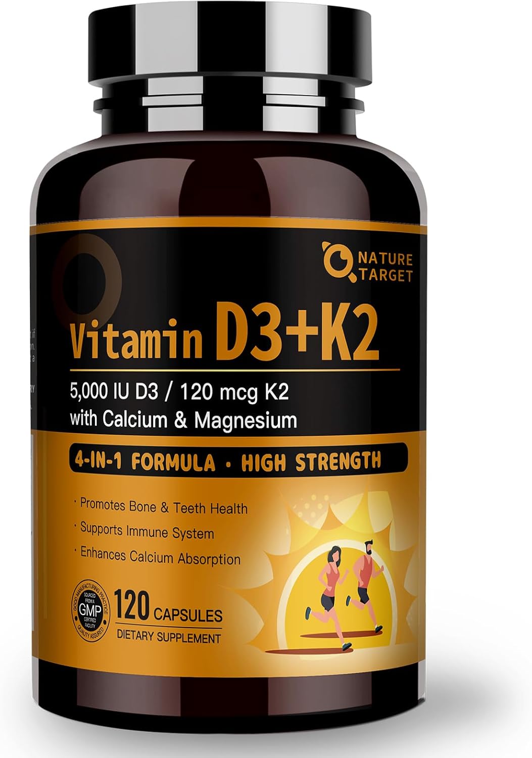 NATURE TARGET D3&K2: Boost Bone, Heart, Immunity—D3 5000IU, K2(MK-7)120mcg, Mg; Gluten-Free - 120 caps/120 days