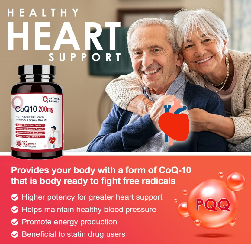 Nature Target CoQ10-200mg+PQQ Softgels, Olive Oil, High Absorption, Antioxidant for Heart Health , Immune & Energy - 120 Servings