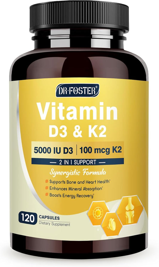 DRFOSTER D3&K2: Boost Bone, Heart, Immunity—D3 125mcg, K2(MK-7)100mcg, Zn, B, MCT 100mg; Veggie Caps, Allergen-Free, Lab-Tested - 120 Capsules