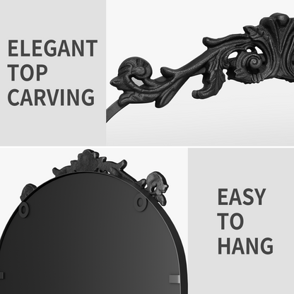 PAIHOME Vintage Arched Wall Mirror for Bathroom, Black Antique Mirror with Top Carving, Halloween Decorative Wall Mirror