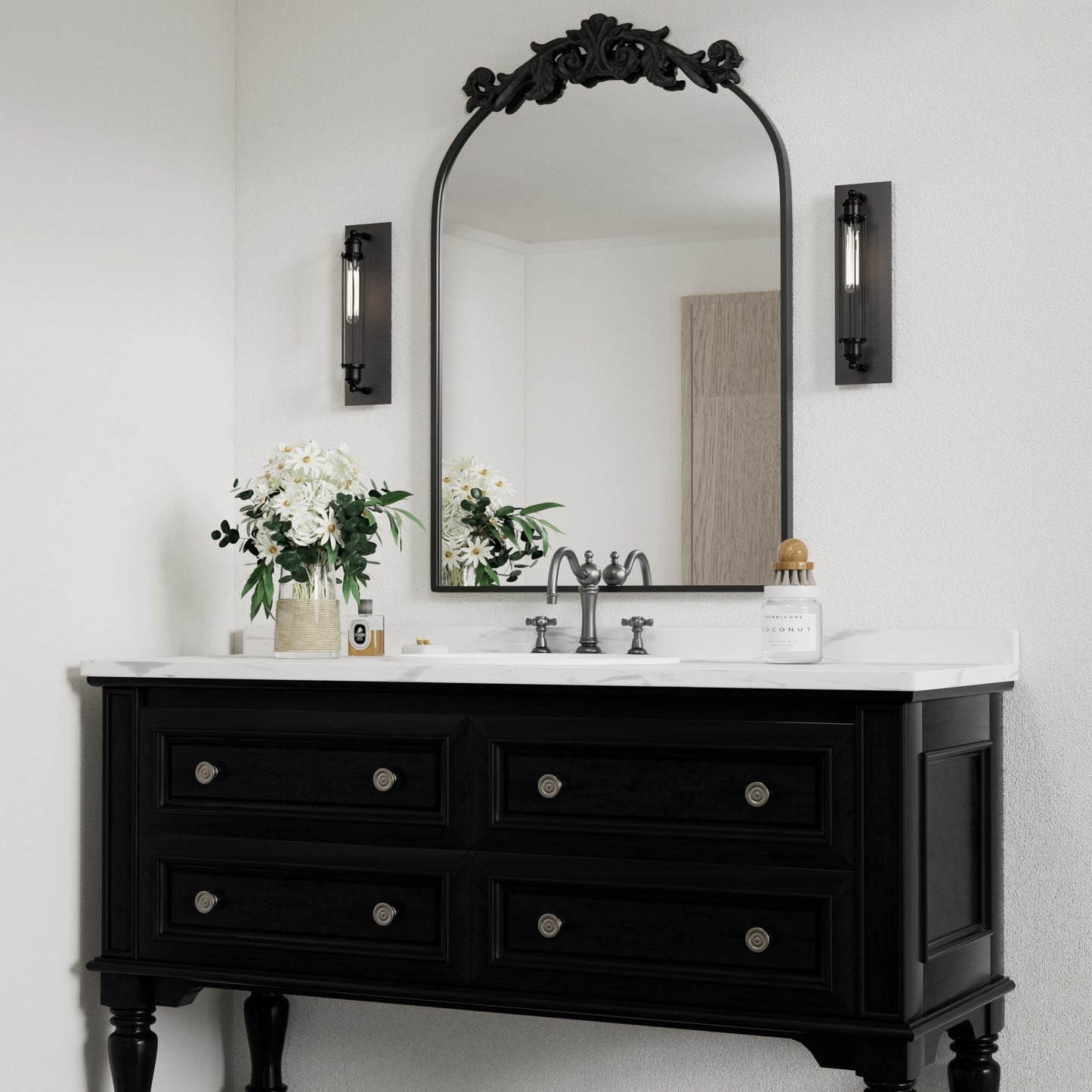 PAIHOME Vintage Arched Wall Mirror for Bathroom, Black Antique Mirror with Top Carving, Halloween Decorative Wall Mirror
