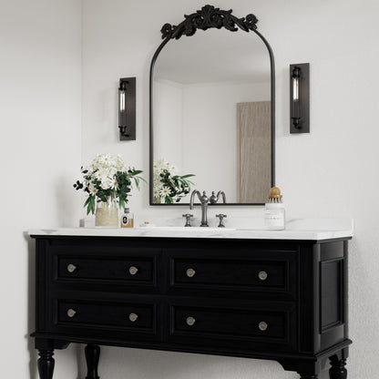 PAIHOME Vintage Arched Wall Mirror for Bathroom, Black Antique Mirror with Top Carving, Halloween Decorative Wall Mirror
