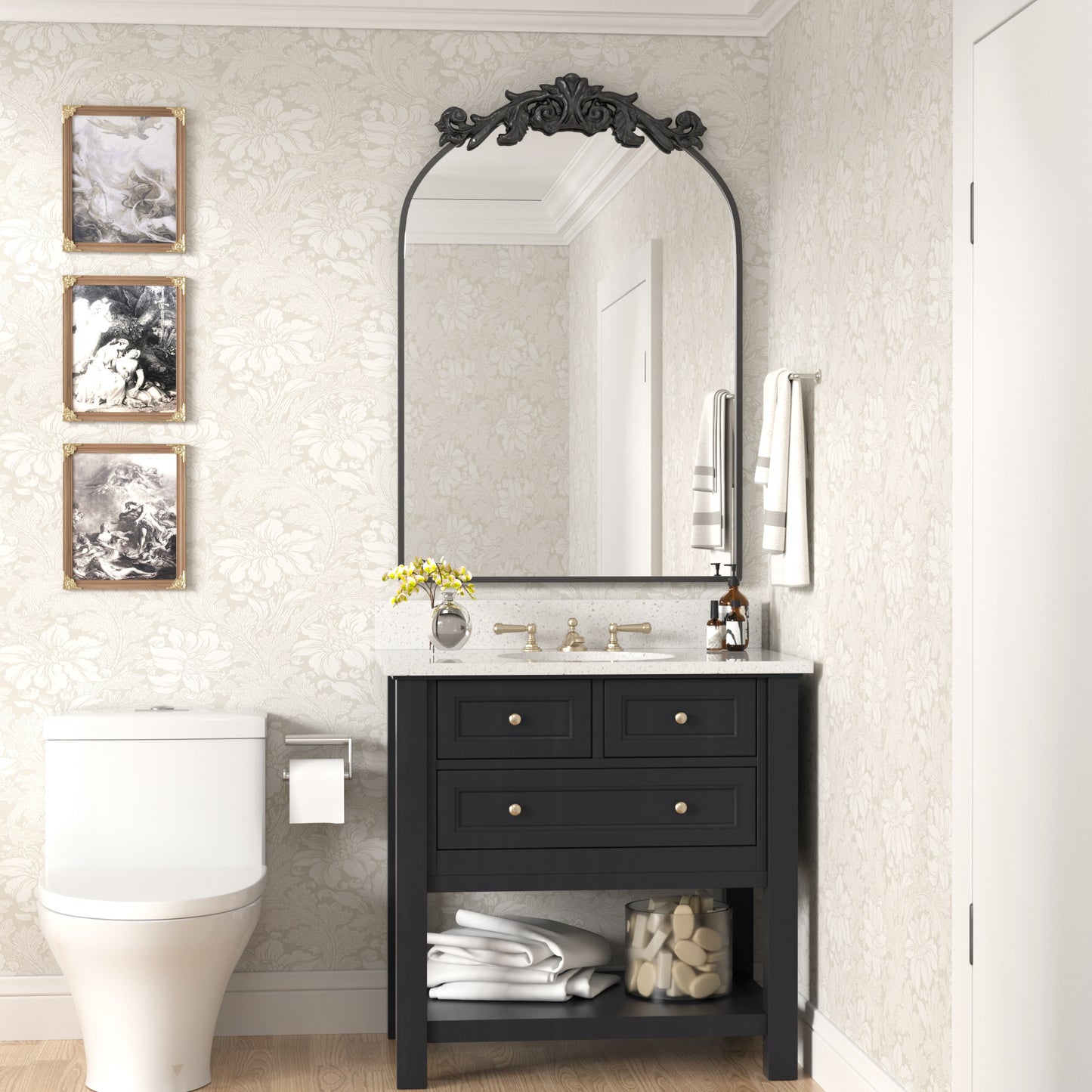 PAIHOME Vintage Arched Wall Mirror for Bathroom, Black Antique Mirror with Top Carving, Halloween Decorative Wall Mirror