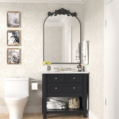 PAIHOME Vintage Arched Wall Mirror for Bathroom, Black Antique Mirror with Top Carving, Halloween Decorative Wall Mirror