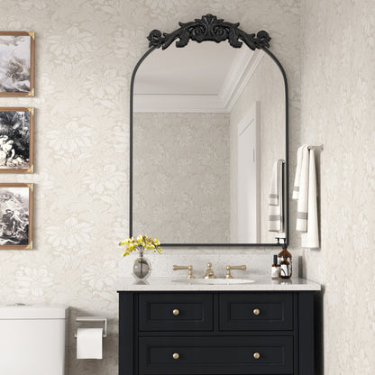 PAIHOME Vintage Arched Wall Mirror for Bathroom, Black Antique Mirror with Top Carving, Halloween Decorative Wall Mirror