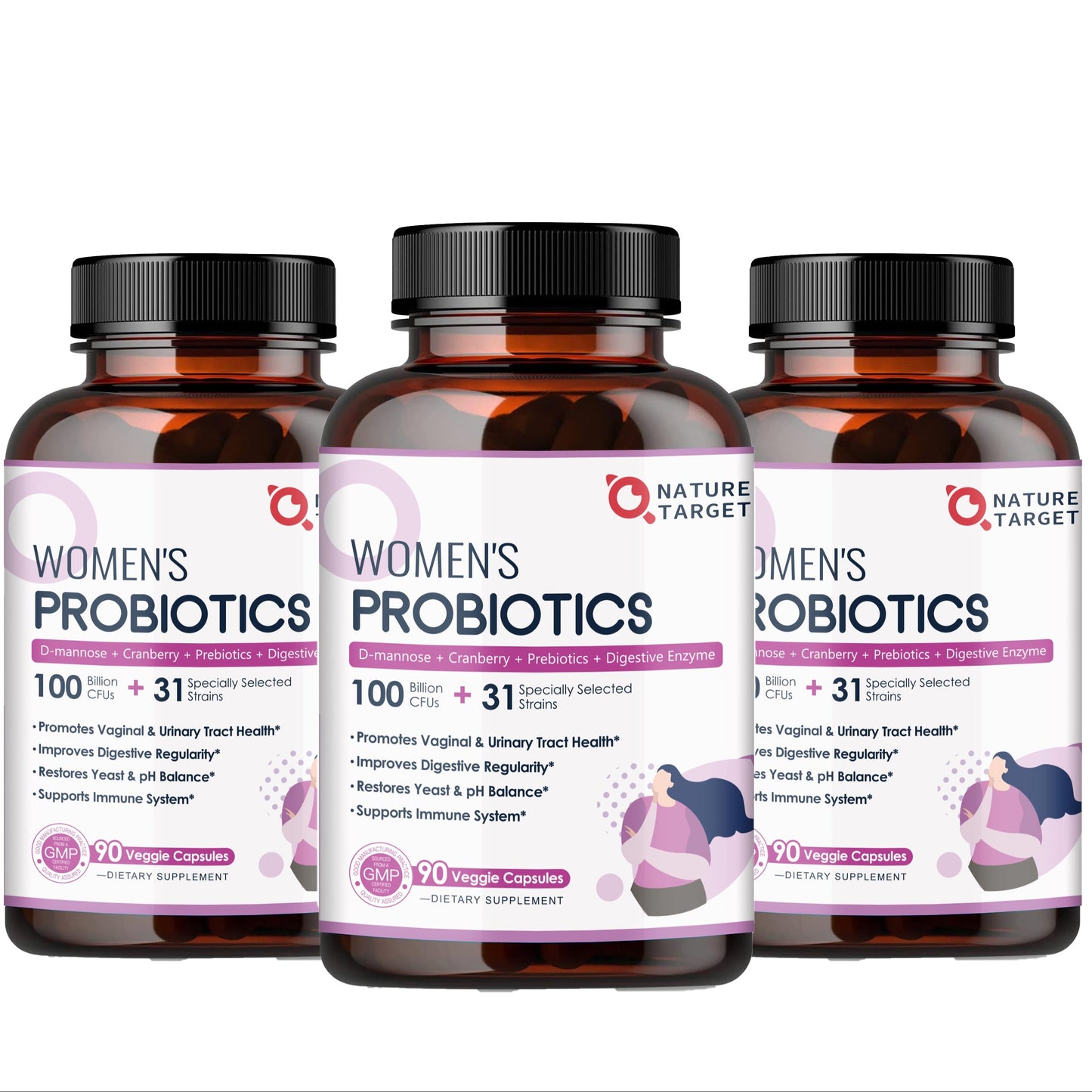 Nature Target Women’s Digestive Health Probiotics, 100 Billion CFUs+31 strains of probiotics-90ct*3