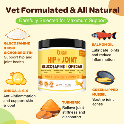 NATURE TARGET Glucosamine for Dogs, Chondroitin, MSM, Turmeric, Omega 3, Support Hip & Joint Mobility - Dog Joint Pain Relief - 9.52Oz