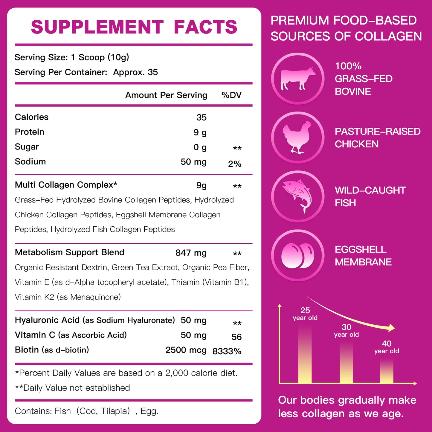ZEBORA Multi Collagen Peptides: Hydrolyzed Coll(I-V,X)+HA+Biotin+Vit C – Supports Skin/Hair/Nails/Joints – 35 Servings