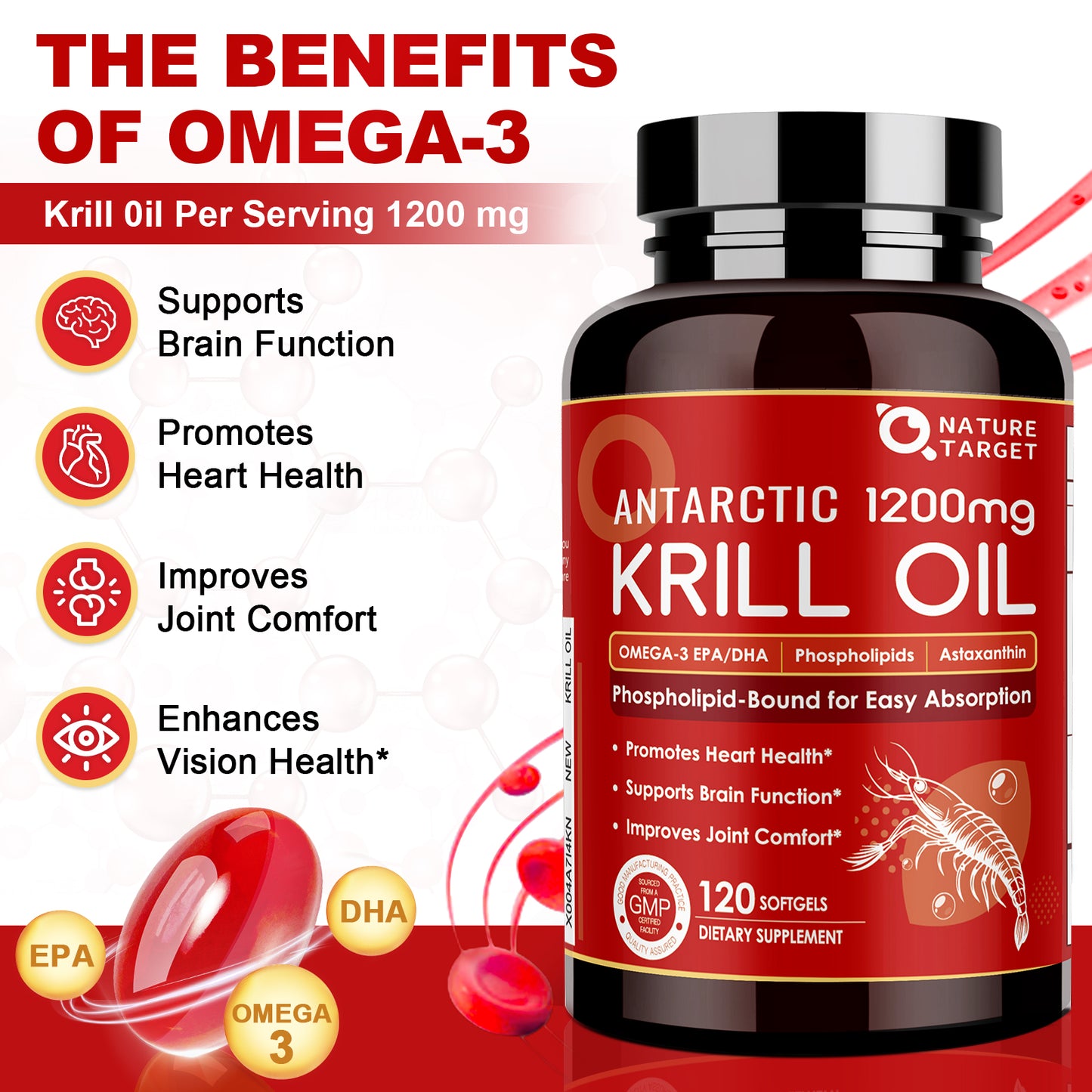 NATURE TARGET Krill Oil 1200mg – Heart/Brain/Joint Health – Omega-3 EPA/DHA, Phospholipids, Astaxanthin, Choline – 120 Softgels/60 Servings