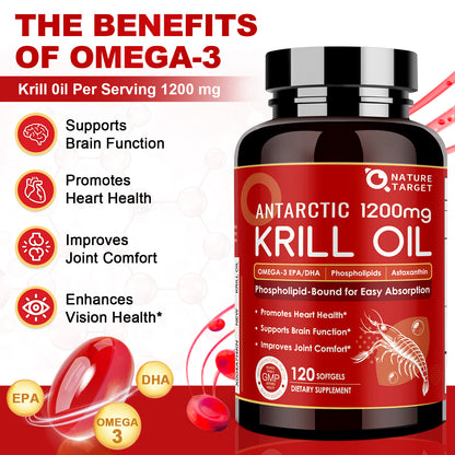 NATURE TARGET Krill Oil 1200mg – Heart/Brain/Joint Health – Omega-3 EPA/DHA, Phospholipids, Astaxanthin, Choline – 120 Softgels/60 Servings
