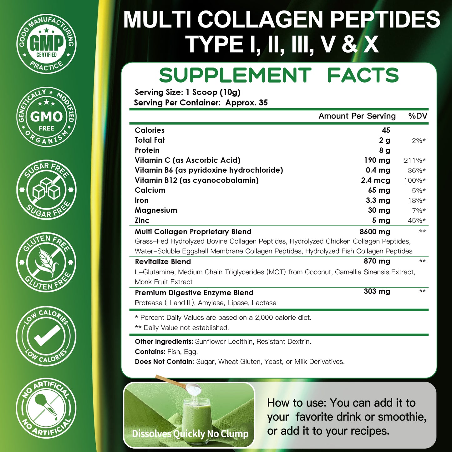 Multi-Collagen-Peptides-Powder - Hydrolyzed Collagen with Energy Blend + Multivitamin & Minerals, Supports Energy Skin Hair Nail & Joint, Non-GMO - 35 Servings