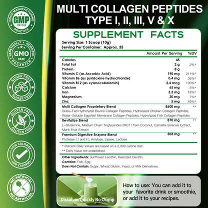 Multi-Collagen-Peptides-Powder - Hydrolyzed Collagen with Energy Blend + Multivitamin & Minerals, Supports Energy Skin Hair Nail & Joint, Non-GMO - 35 Servings