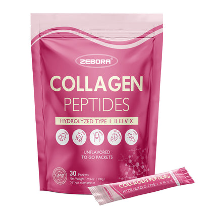 ZEBORA Multi Collagen Peptides Powder Packets with Hyaluronic Acid, Biotin, MCT - Hydrolyzed Collagen with 5 Billion Probiotics - 30 packets