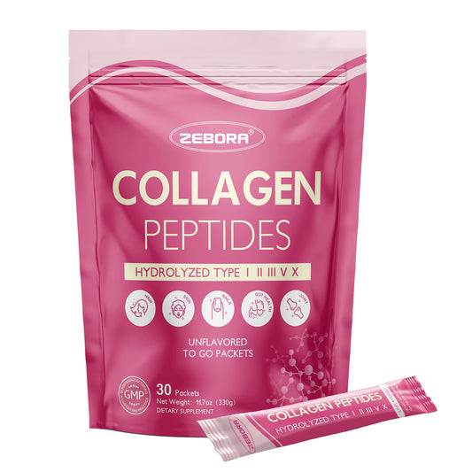 ZEBORA Multi Collagen Peptides Powder Packets with Hyaluronic Acid, Biotin, MCT - Hydrolyzed Collagen with 5 Billion Probiotics - 30 packets
