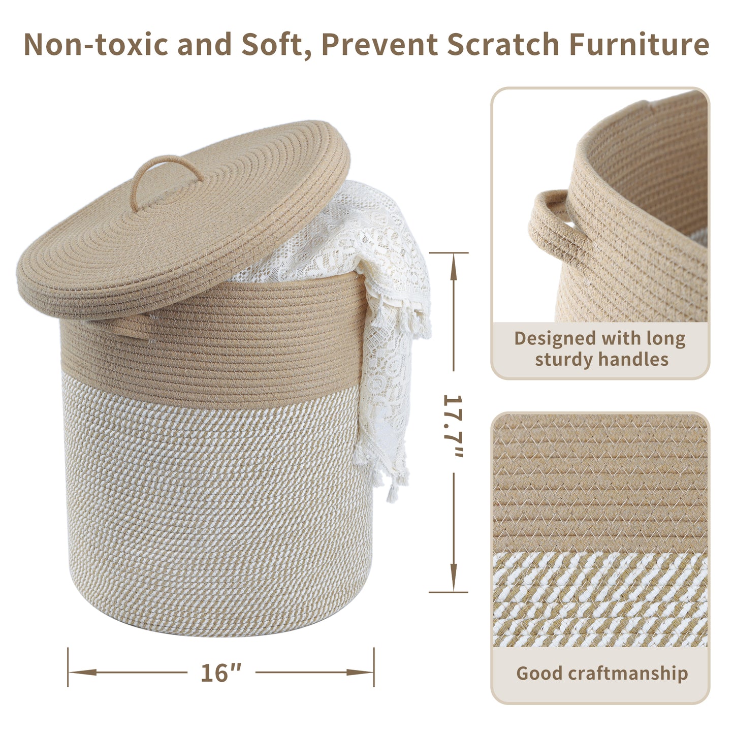 Woven Cotton Rope Storage Basket with Lid - Large Versatile Woven Hamper for Laundry, Blankets, Toys, and Home Organization
