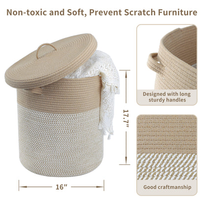 Woven Cotton Rope Storage Basket with Lid - Large Versatile Woven Hamper for Laundry, Blankets, Toys, and Home Organization