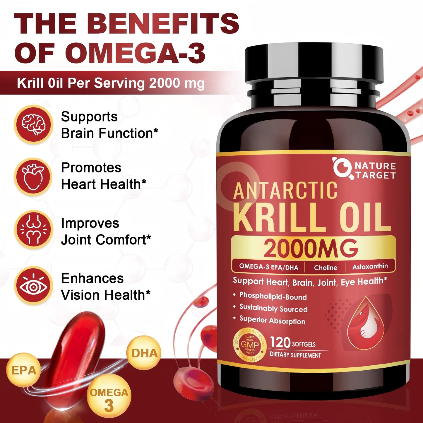 NATURE TARGET Krill Oil 2000 mg with Omega-3 EPA & DHA with Astaxanthin Supplement, Choline - 120 Softgels (60 Servings)