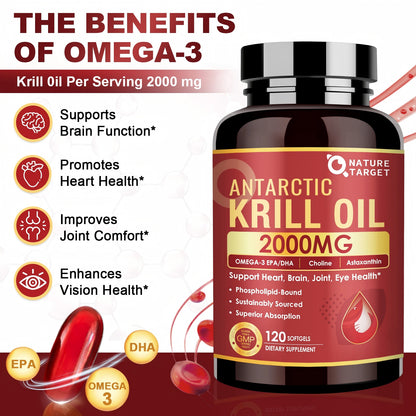 NATURE TARGET Krill Oil 2000 mg with Omega-3 EPA & DHA with Astaxanthin Supplement, Choline - 120 Softgels (60 Servings)