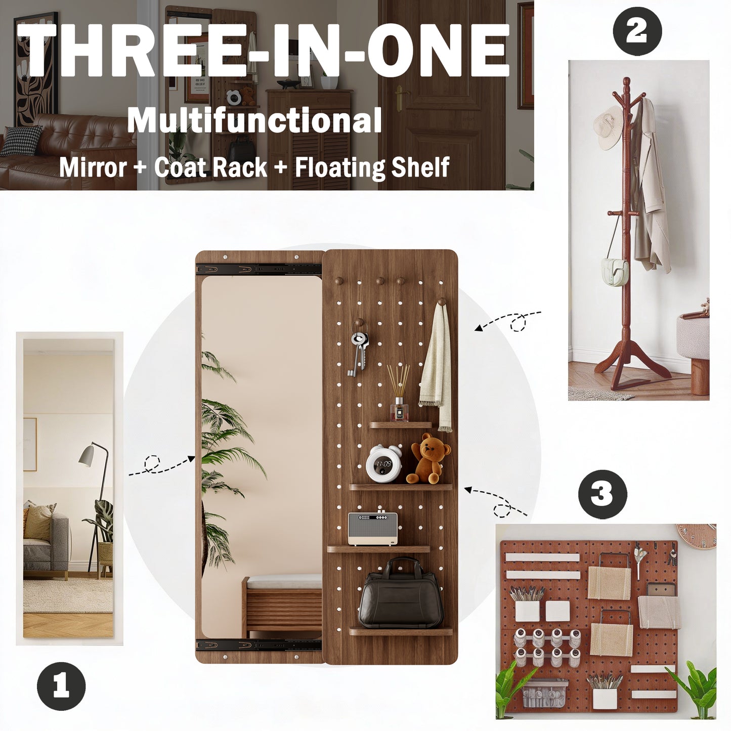 Sliding Door Full-Length Mirror with Pegboard Hooks, Multifunctional Wall-Mounted Organizer Mirror - PAIHOME