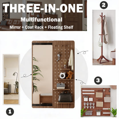 Sliding Door Full-Length Mirror with Pegboard Hooks, Multifunctional Wall-Mounted Organizer Mirror - PAIHOME