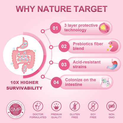 NATURE TARGET Women’s 60B CFUs Probiotic : 14 organic strains, cranberry, D-mannose, prebiotics – supports digestive, immune, women’s health - 90tabs