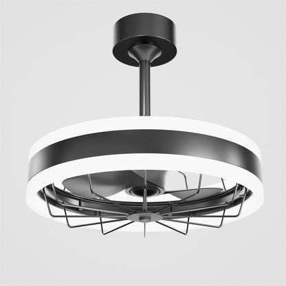 Black Ceiling Fan with Light Ring - Flush Mount Caged Industrial Fan for Bedroom, Living Room, or Kitchen - Energy Efficient Airflow Design