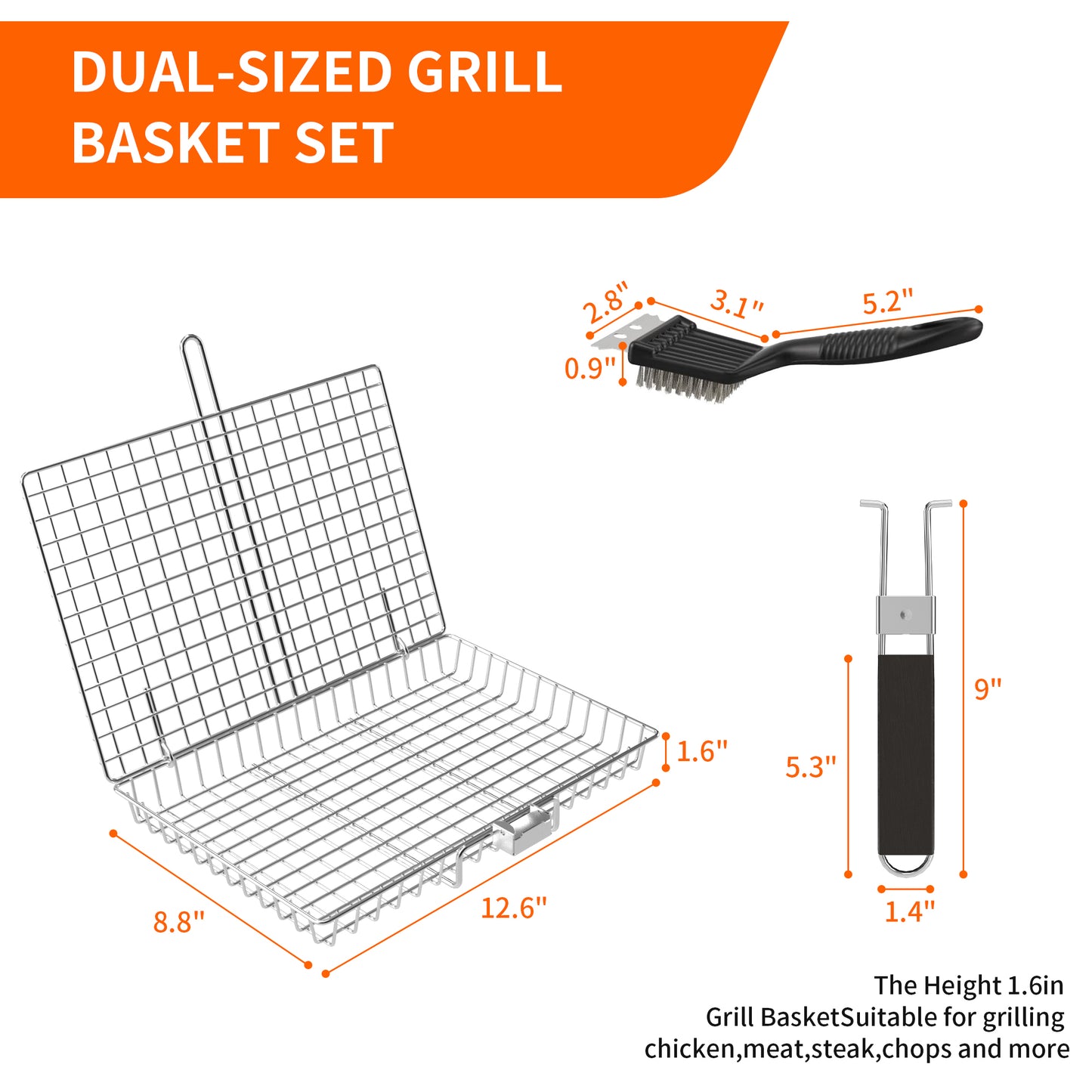 PAIHOME Stainless Steel BBQ Grill Basket with Cleaning Brush, Locking Non-Stick Grilling Tool for Ingredients, Outdoor Barbecue Accessories