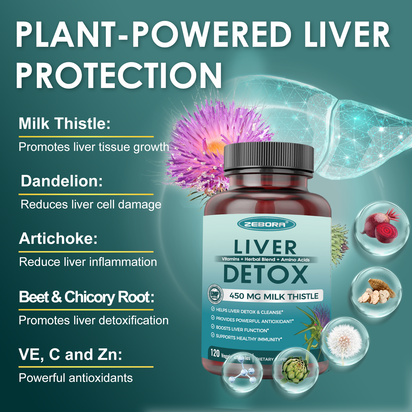 Milk Thistle Supplement with 450 mg Milk Thistle Extract (80% Silymarin)  for Liver Cleanse Detox & Repair, Liver Supplement - 120/240/360 Veggie Capsules