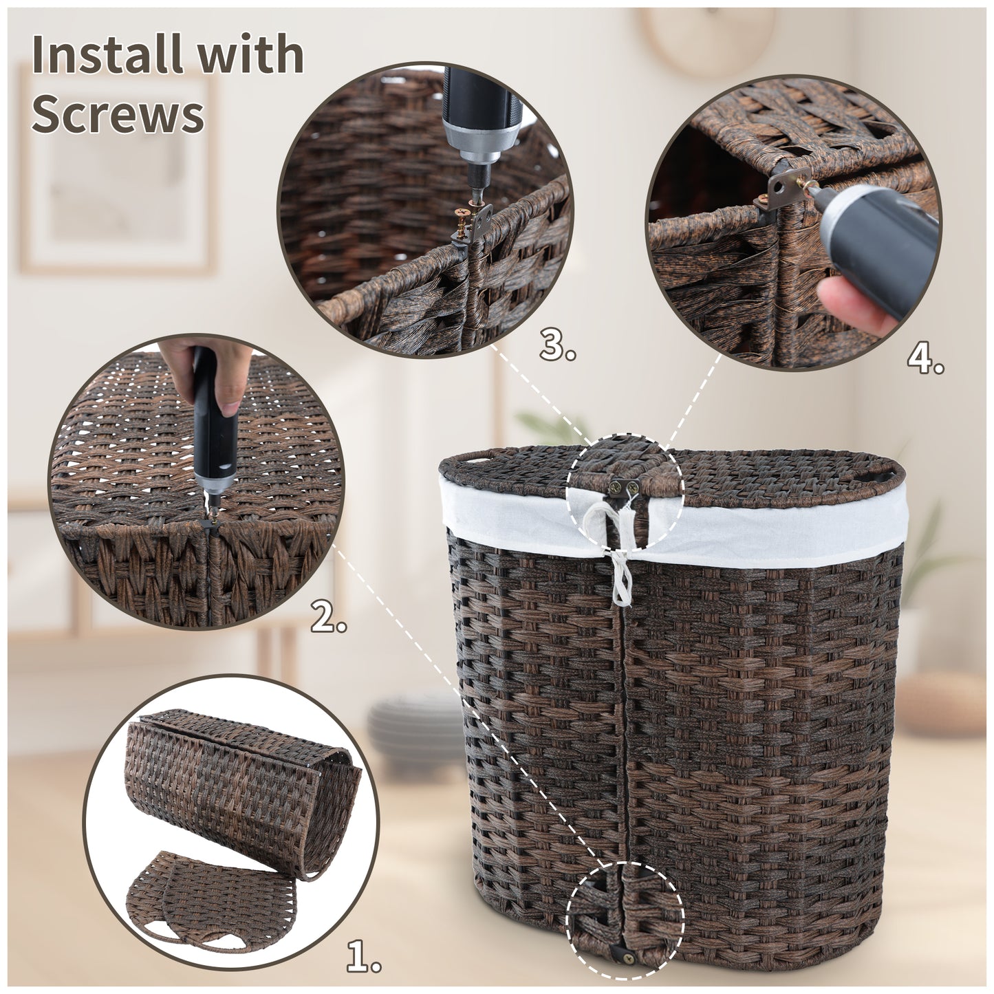 Woven Divided Laundry Hamper with Flip Lids and Removable Machine-Washable Liners - 2-Compartment Rattan-Style Basket for Bathroom, Bedroom, or Small Spaces