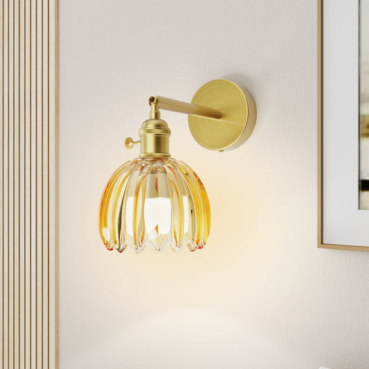 Gold Brass Wall Sconce with Rotating Steel Arm, Remote Control Wall Light, Tulip High-Transmittance Glass Shade for Bedroom