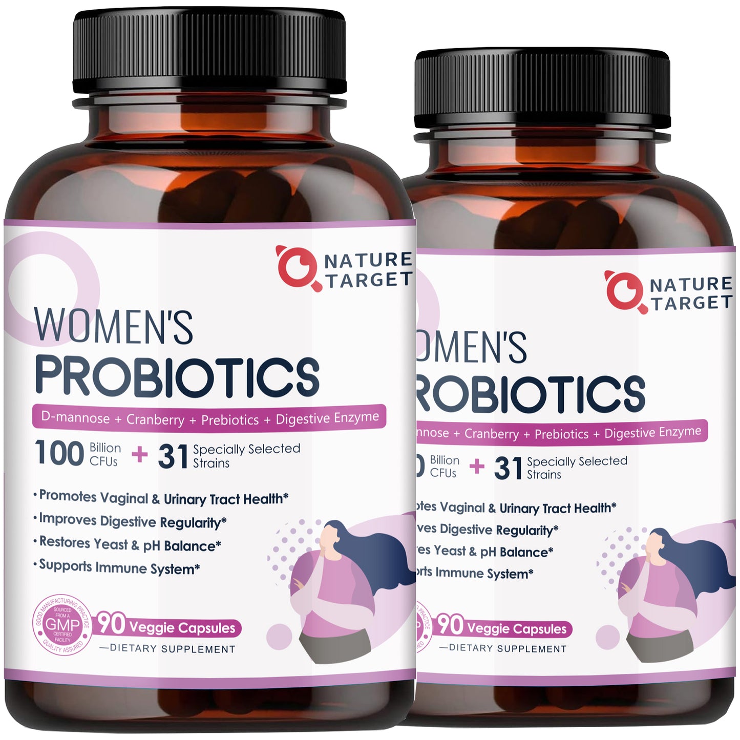 NATURE TARGET Women's Probiotic 2-Pack: 100B CFUs, digestive enzymes, prebiotics, cranberry. Supports gut, vaginal & urinary health. 180 veggie caps