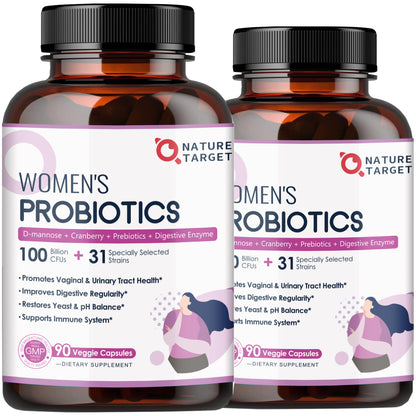 NATURE TARGET Women's Probiotic 2-Pack: 100B CFUs, digestive enzymes, prebiotics, cranberry. Supports gut, vaginal & urinary health. 180 veggie caps