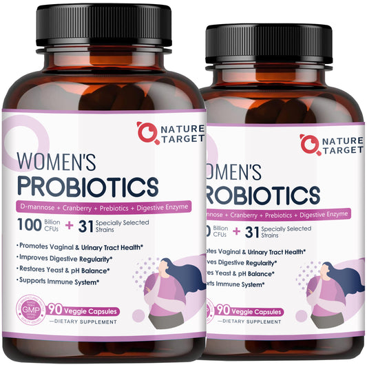 NATURE TARGET Women's Probiotic 2-Pack: 100B CFUs, digestive enzymes, prebiotics, cranberry. Supports gut, vaginal & urinary health. 180 veggie caps