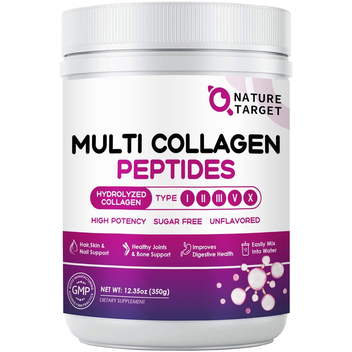 NATURE TARGET Multi Collagen Peptides Powder - Type I, II, III, V, X - Hydrolyzed Collagen Peptides with Vitamin C Hyaluronic Acid - 35 Servings