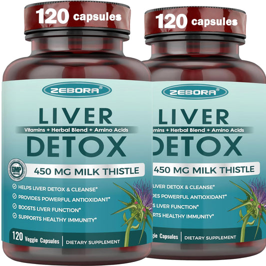 ZEBORA Milk Thistle (Pack of 2) 450 mg - 80% Silymarin for Liver Cleanse Detox & Repair Liver Supplement - 240 Veggie Capsules