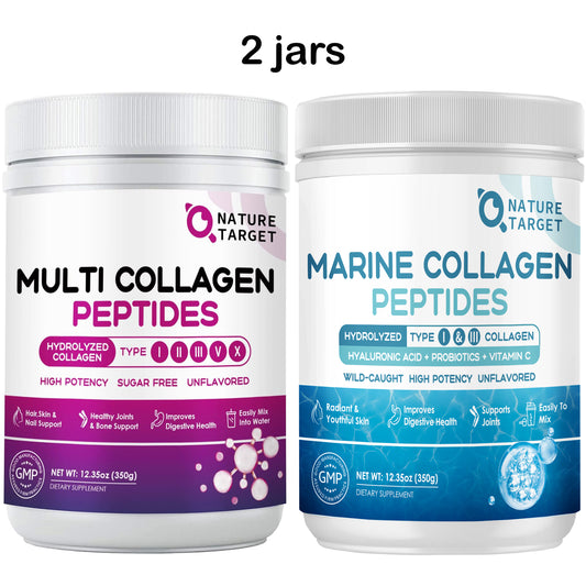 Nature Target 6-Type Collagen: CTP, 10g Peptides, 3B Pro, Vit C/HA - 90% Absorb, Skin/Joint/Bone/Hair/Nail - Unflavored - 24.7oz/70 Servings