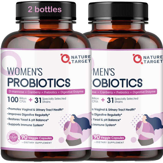 NATURE TARGET Women's Probiotic 2-Pack: 100B CFUs, digestive enzymes, prebiotics, cranberry. Supports gut, vaginal & urinary health. 180 veggie caps