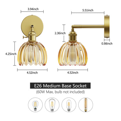 Gold Brass Wall Sconce with Rotating Steel Arm, Remote Control Wall Light, Tulip High-Transmittance Glass Shade for Bedroom