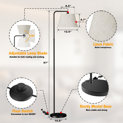 Modern Adjustable Floor Lamp with Linen Shade - 67" Tall Minimalist Standing Light for Bedroom, Living Room, or Office
