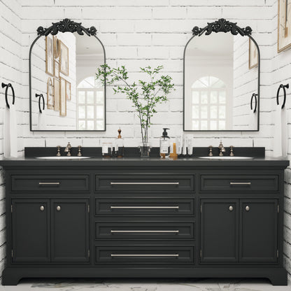 PAIHOME Vintage Arched Wall Mirror for Bathroom, Black Antique Mirror with Top Carving, Halloween Decorative Wall Mirror