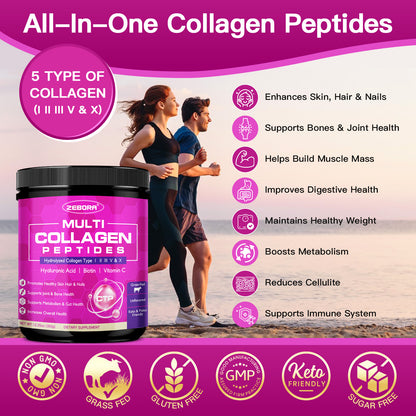 ZEBORA Multi Collagen Peptides: Hydrolyzed Coll(I-V,X)+HA+Biotin+Vit C – Supports Skin/Hair/Nails/Joints – 35 Servings