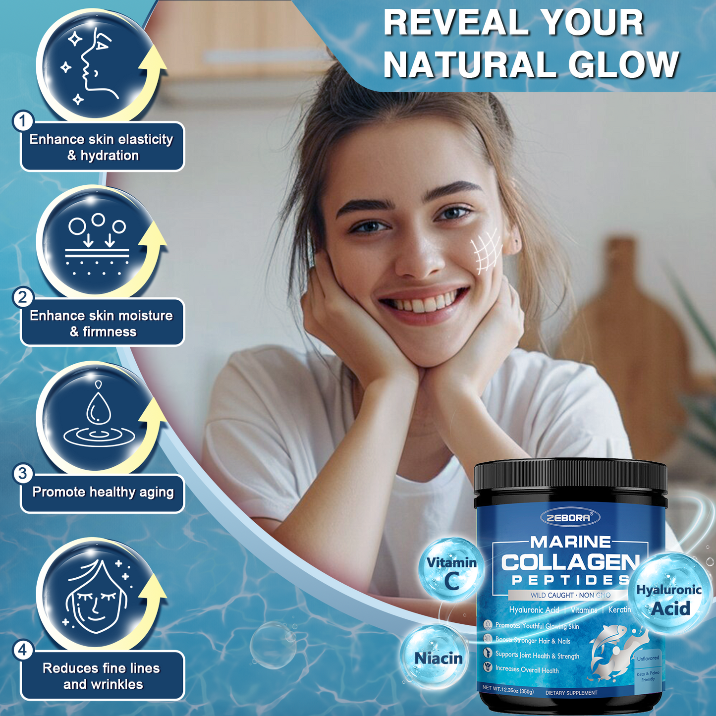 ZEBORA Marine Collagen: Wild Fish Collagen (I,III)+Keratin+MV+HA+Niacin+VC+Bio+18A – Anti-Aging,Skin/Hair/Nails/Jt/Bone/Imm/Energy – 35 Servings